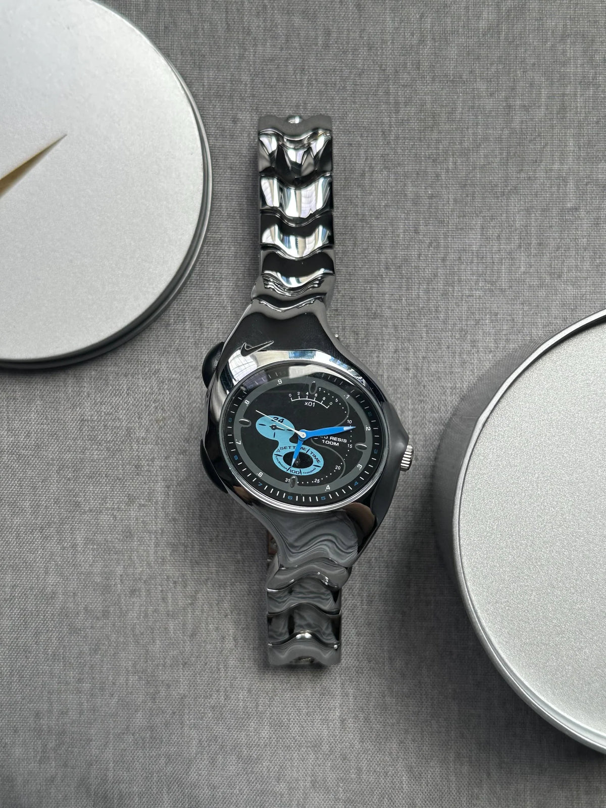 Nike Triax Chronograph Watch Shiny Silver with blue black dial